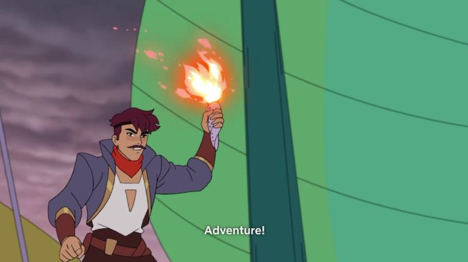 Cartoon of a pirate with a mustache holding a burning torch and the caption "Adventure"